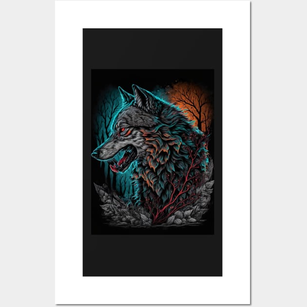 Wolf with blue and orange sky Wall Art by KoolArtDistrict